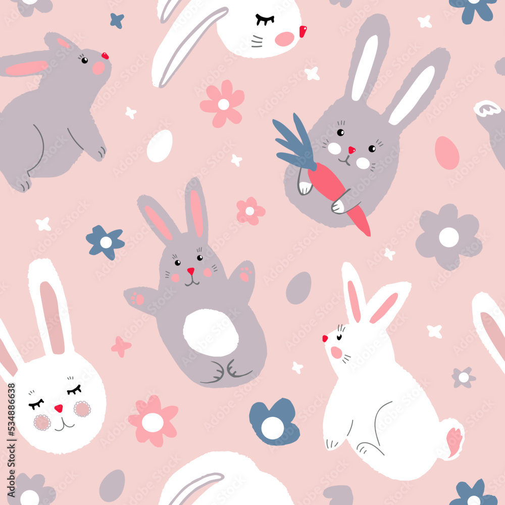Pink Easter seamless pattern with cute bunnies, flowers and eggs. Modern simple flat vector illustration. Ideal for baby products. Pink Easter seamless pattern with cute bunnies, flowers and eggs. Modern simple flat vector illustration. Ideal for baby products.