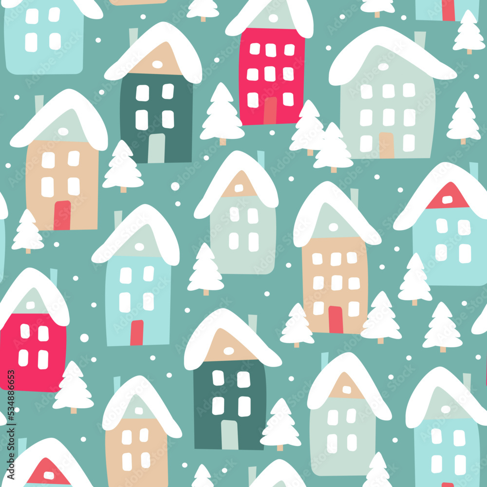 Winter seamless pattern of cute houses and snowy fir trees. Modern simple flat vector illustration.