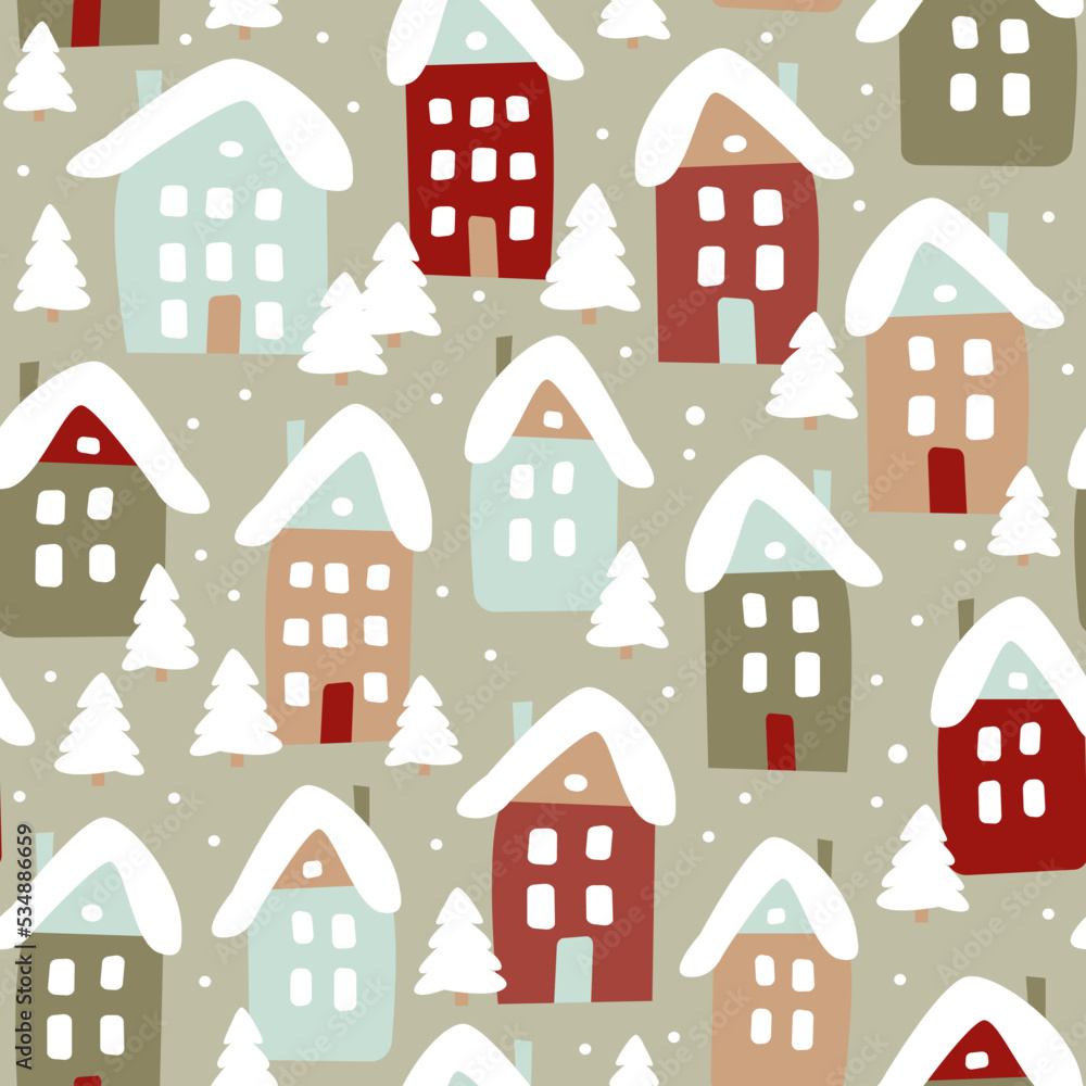 Winter seamless pattern of cute houses and snowy fir trees. Modern simple flat vector illustration.