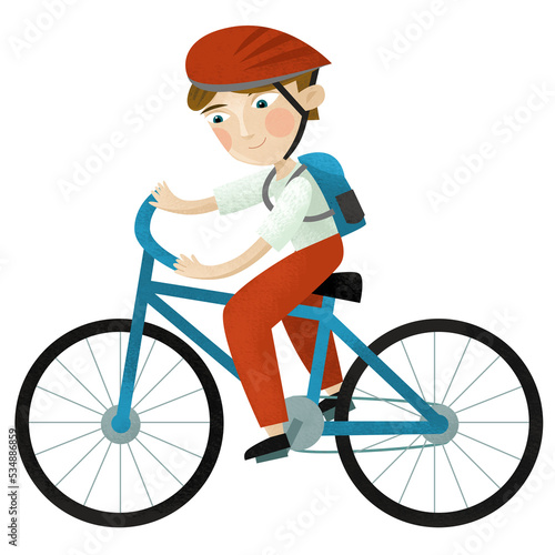 cartoon scene with boy riding on a bicycle with basket of food picnic isolated illustration for children