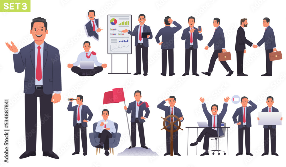 Big set of manager character. Businessman or entrepreneur in different poses and actions. Business man meditates Big set of manager character. Businessman or entrepreneur in different poses and actions. Business man meditates