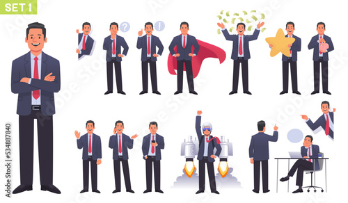 Big set of businessman character. Business man or entrepreneur in different poses and actions. Manager thinks, works