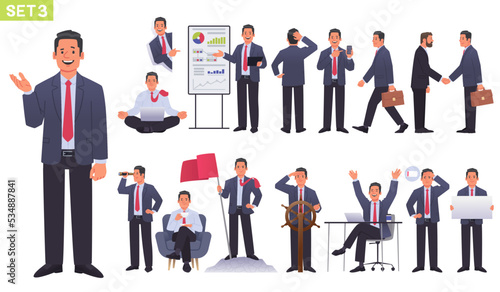 Big set of manager character. Businessman or entrepreneur in different poses and actions. Business man meditates