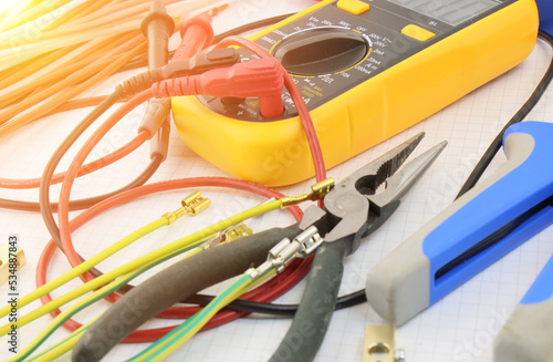 Electrical tools and materials for the installation of an electrical panel. 