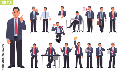 Big set of businessman character. Business man or entrepreneur gesturing and acting. Manager works and runs
