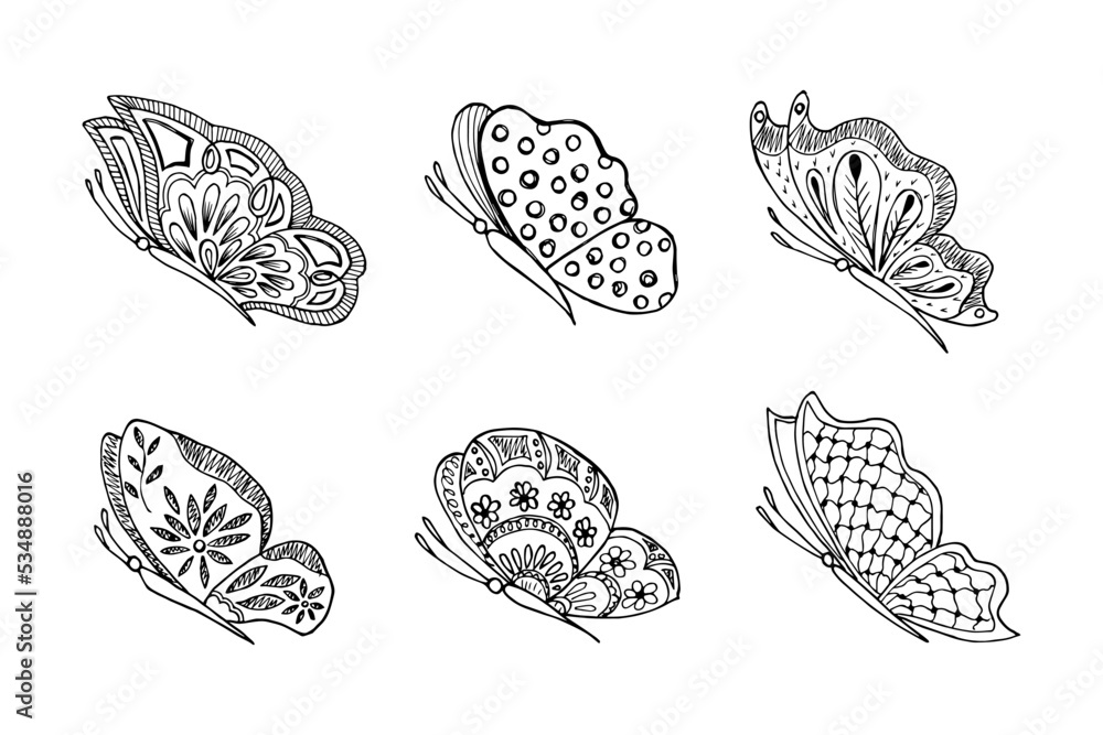 Set of hand drawn butterfly doodle elements for coloring, invitation, postcard. Set of hand drawn butterfly doodle elements for coloring, invitation, postcard.