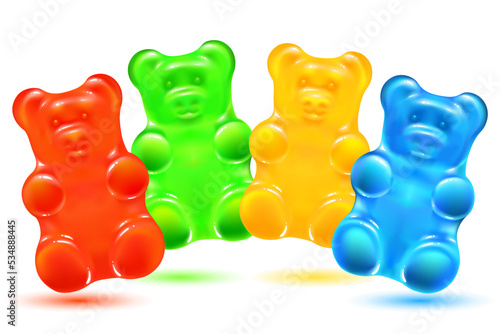 cute colored jelly bears on a white background. bright gummy animals candies. orange, yellow, blue and green candy . greeting card. isolated vector illustration.
