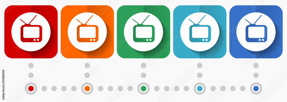 Tv vector icons, infographic template, set of flat design media symbols in 5 color options Tv vector icons, infographic template, set of flat design media symbols in 5 color options