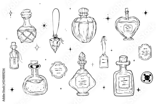 Magic potion bottle for witches doodle icon set for halloween card Illustration