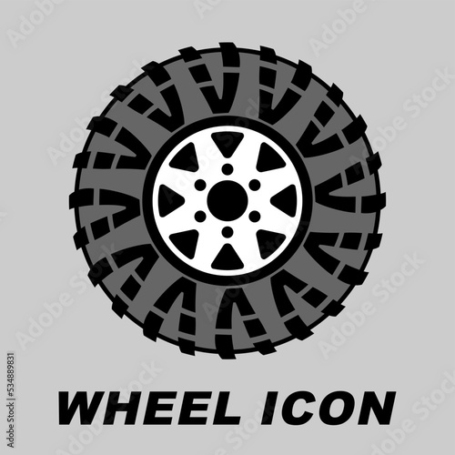 Wheel icon with off-road tyre. Flat style vector logo.