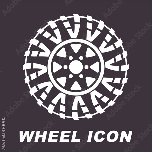 Wheel icon with off-road tyre. Flat style vector logo.