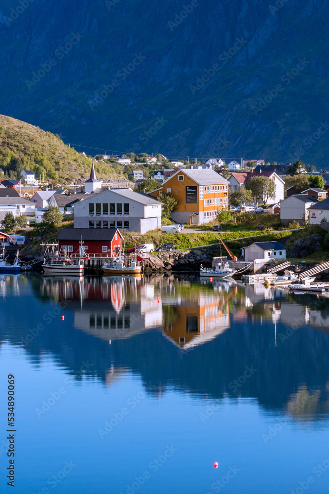 mountain village in the mountains, Lofoten islands, reflections in the water