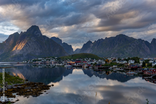 mountain village in the mountains  Lofoten islands  reflections in the water