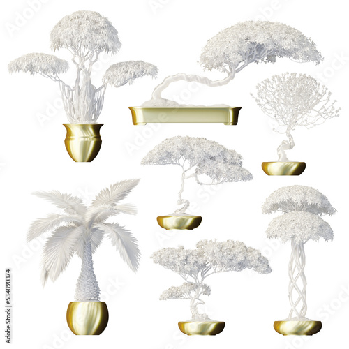Set of 7 beautiful detailed bonsai Japanese trees in moonlight glass and golden colors. Set of detailed 3D elements in very high resolution with full transparency. Bright 3D abstract illustration