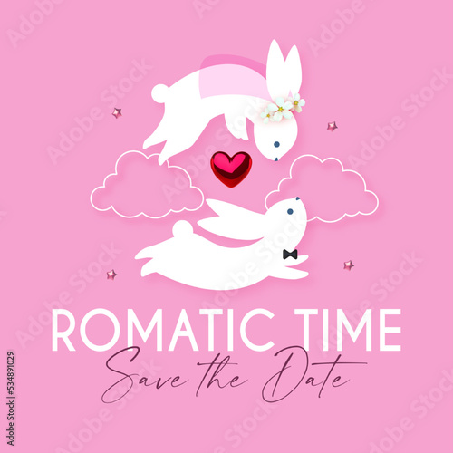 Wedding day and Save the Date design. Happy Valentine's day congratulation card template with cute rabbits in love. Expression of tender feelings.