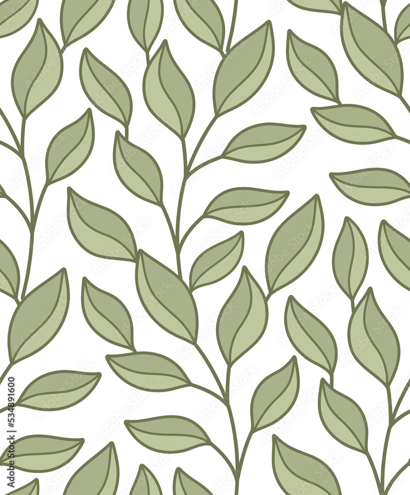 Vector pattern with intertwined branches with foliage on a white background. Botanical texture with doodle hand drawn leaves and stems.