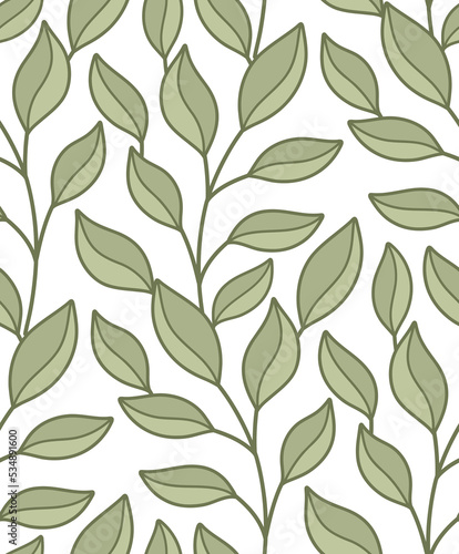 Vector pattern with intertwined branches with foliage on a white background. Botanical texture with doodle hand drawn leaves and stems.
