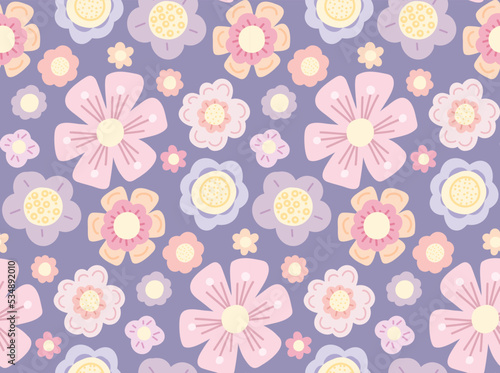 Delicate vector pattern with flat hand drawn flowers on lavender background. Tender cartoon ditsy background. Simple pastel floral texture