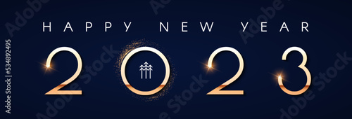 Happy new 2023 year Elegant gold text with light. Minimal text template