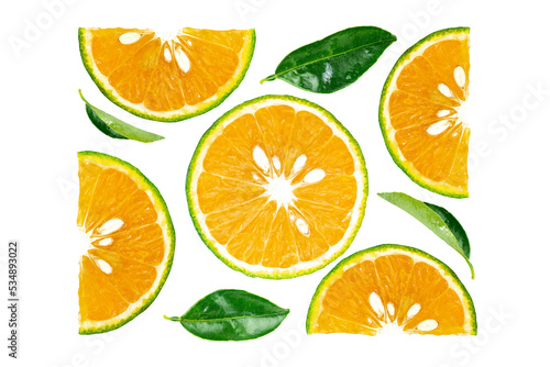 Fototapeta Naklejka Na Ścianę i Meble -  Colourful flat lay view sliced made of Calamansi or Green Orange Fruits, top view