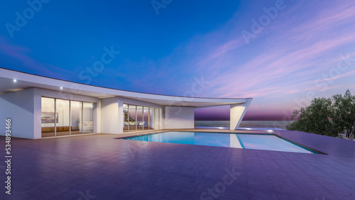 Architectural 3d rendering illustration of modern minimal house with swimming pool