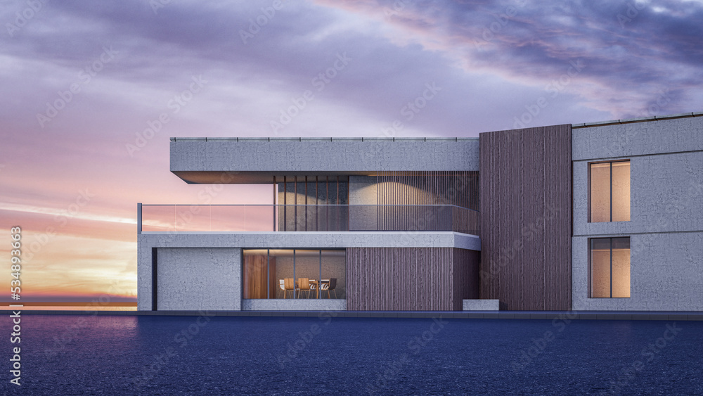 Architecture 3d rendering illustration of modern minimal house with facilities area Architecture 3d rendering illustration of modern minimal house with facilities area