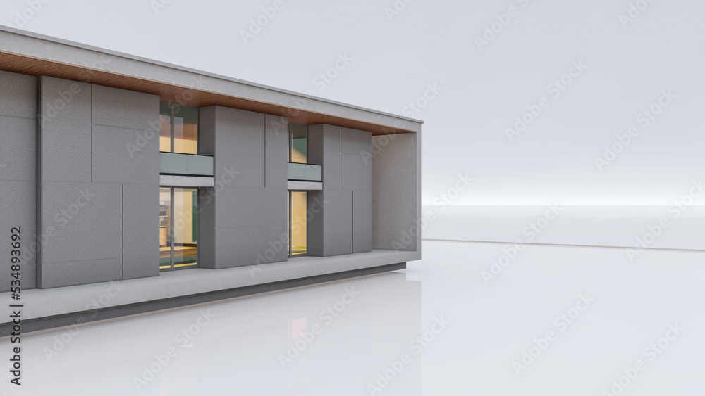 3D rendering illustration of modern minimal house on white background and shadow reflection on ground 3D rendering illustration of modern minimal house on white background and shadow reflection on ground