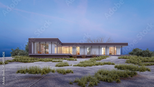 Architectural 3d rendering illustration of modern minimal house design on hill slope with natural view