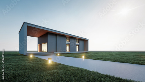 Fototapeta Naklejka Na Ścianę i Meble -  Architectural 3D rendering illustration of modern minimal house with natural landscape