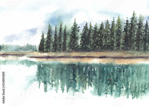Reflection of beautiful pine trees in lake watercolor