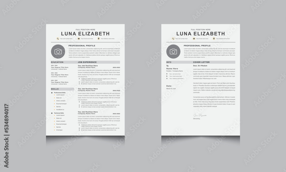 Obraz premium Professional Resume CV Layout with Cover Letter with Yellow Design Set Accents 