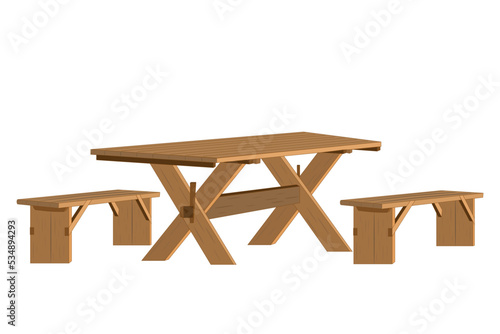 Wooden picnic table with benches. Table with seats for garden, park or camping. Terrace and backyard furniture for recreation, party. Equipment for summer patio, restaurant or cafe.Vector illustration