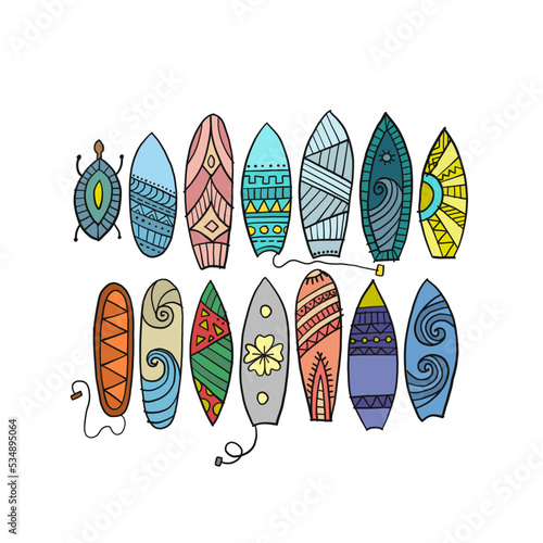 Surf boards collection, tribal ornaments for your design. Vector illustration