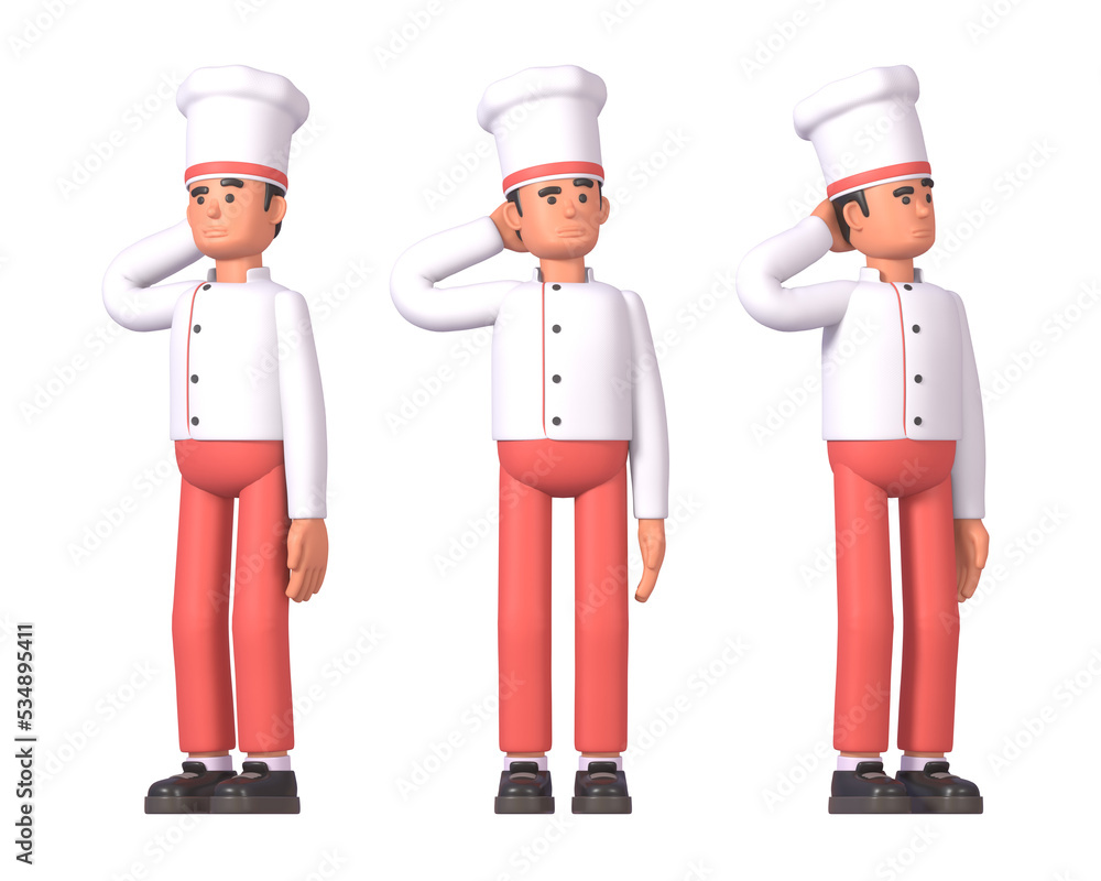 3d render of cook in white uniform thinking, making decision 3d render of cook in white uniform thinking, making decision