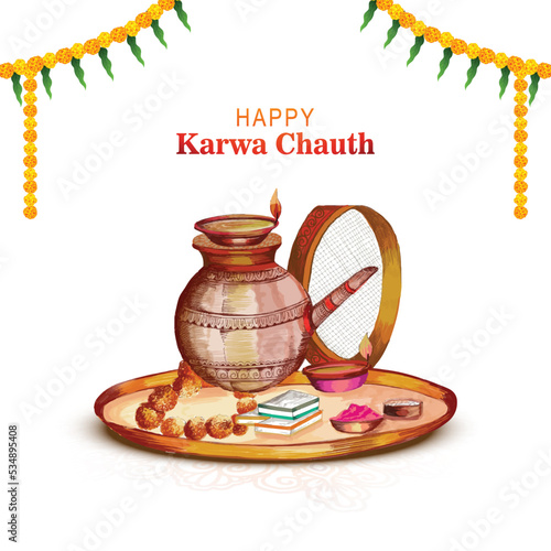 Happy karwa chauth with decorated puja thali of greeting card background