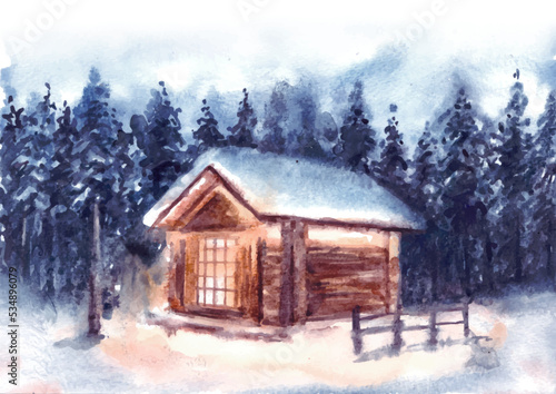 Beautiful winter landscape with house and pine trees watercolor