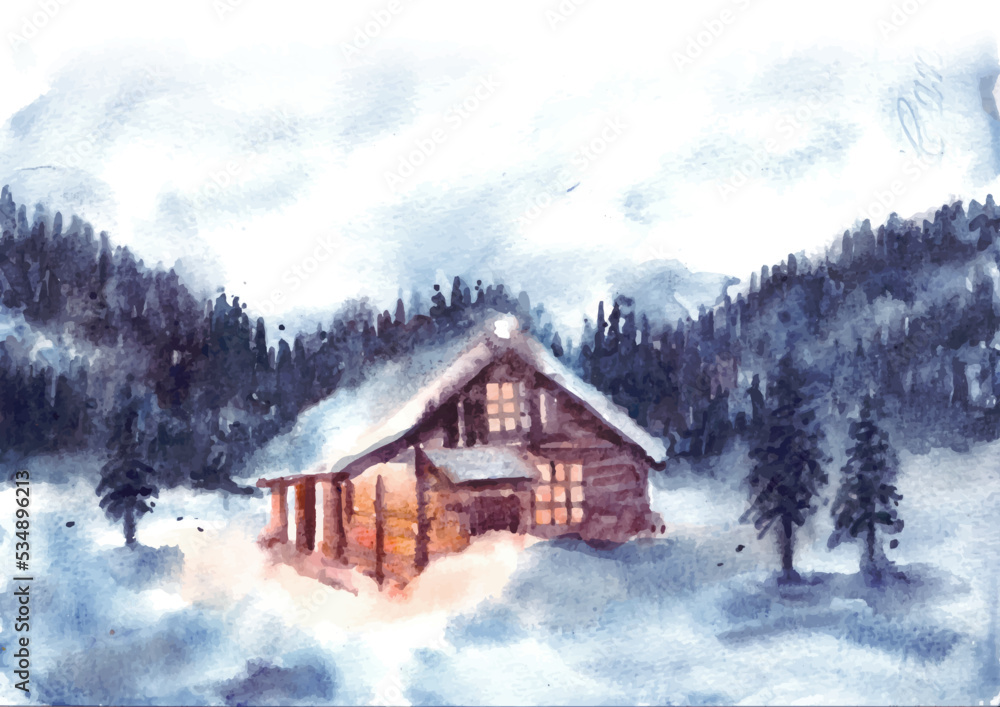 Watercolor winter landscape with house and pine trees