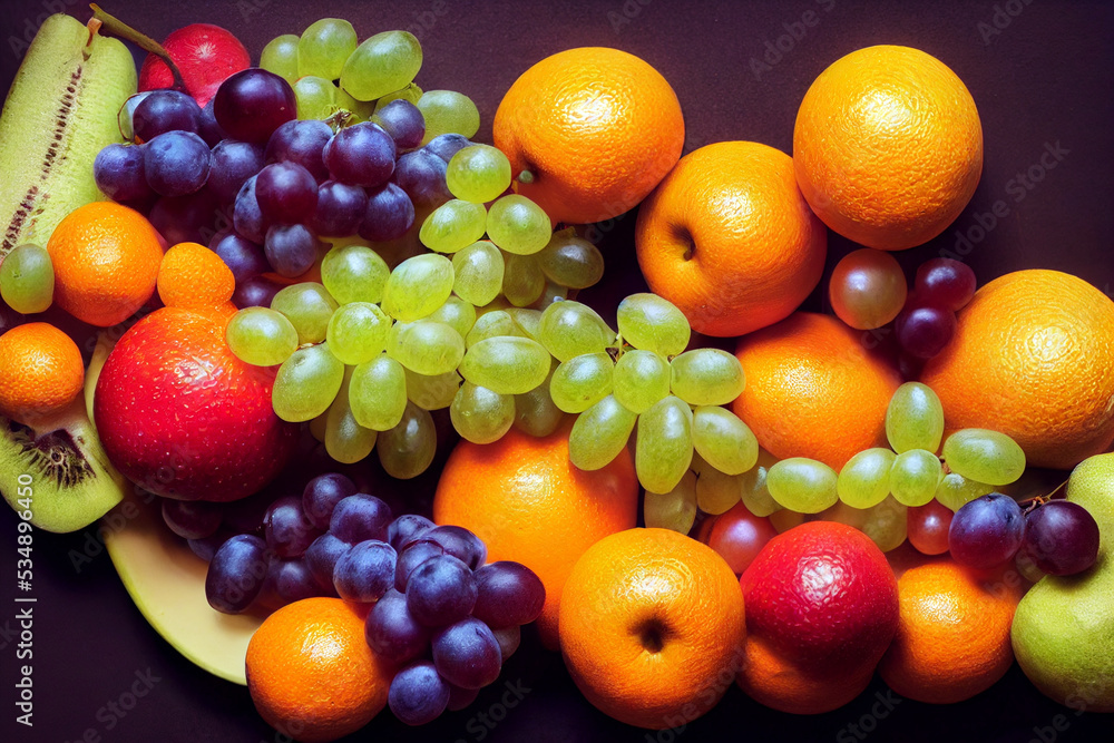 Different kinds of fruits isolated on purple background. 3D illustration Different kinds of fruits isolated on purple background. 3D illustration