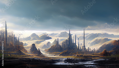 Fantasy sci-fi landscape with dramatic sky, digital art painting background, wallpaper. 3D rendering