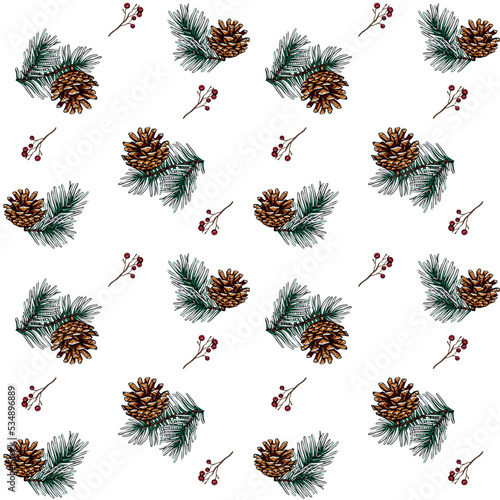Christmas tree branches with cones seamless pattern