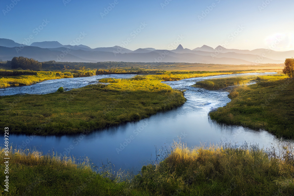 Beautiful view of green mountain and river with blue sky and crystal clear water background. 3D illustration