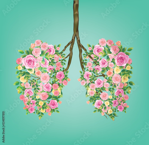 Vector image of tree branches with rose flowers shaped like human lungs. Forest protection ecology illustration. Vector rose blossoms.