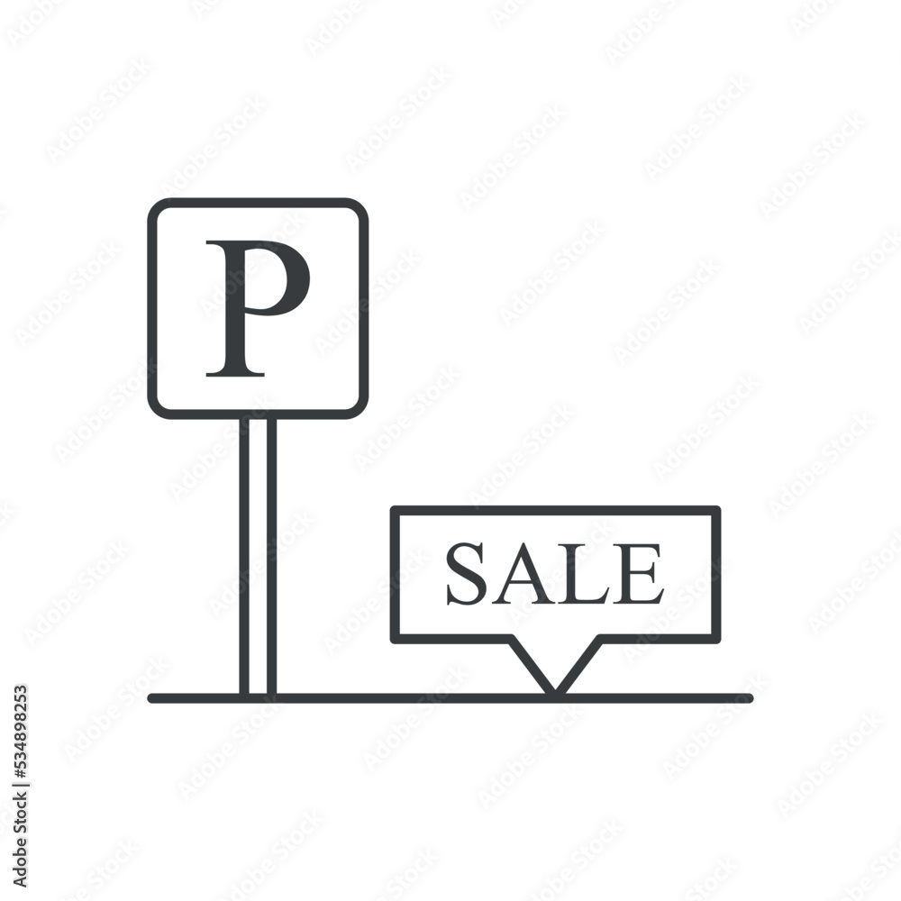 Parking space sale icon. A simple line drawing of a parking space with a sale mark. Isolated vector on white background. Parking space sale icon. A simple line drawing of a parking space with a sale mark. Isolated vector on white background.