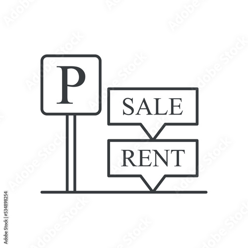 Parking space rent and sale icon. A simple line drawing of a parking space with a simultaneous lease and sale mark. Isolated vector on white background.