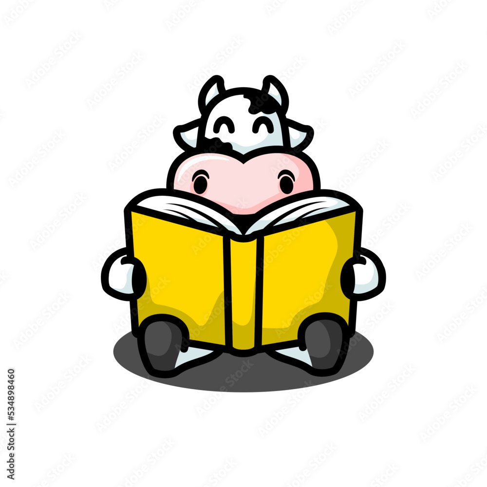 Cute cow reading book cartoon mascot logo design, flat design style Cute cow reading book cartoon mascot logo design, flat design style