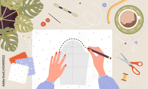 Female hands make pattern of fabric. Woman create outfit. Top view. Needlework and hobbies. Handmade clothes. Fashion designer or dressmaker. Vector illustration in flat cartoon style.