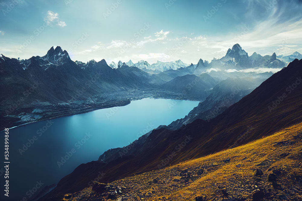 Beautiful view of mountain and lake with blue sky background. 3D rendering