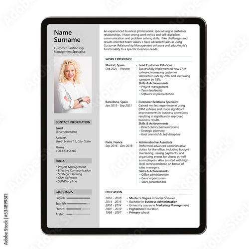 Fotografi Sample CV document template on tablet computer