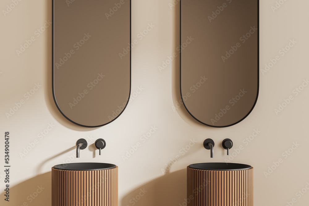 Light bathroom interior with double sink and mirror - obrazy, fototapety, plakaty 