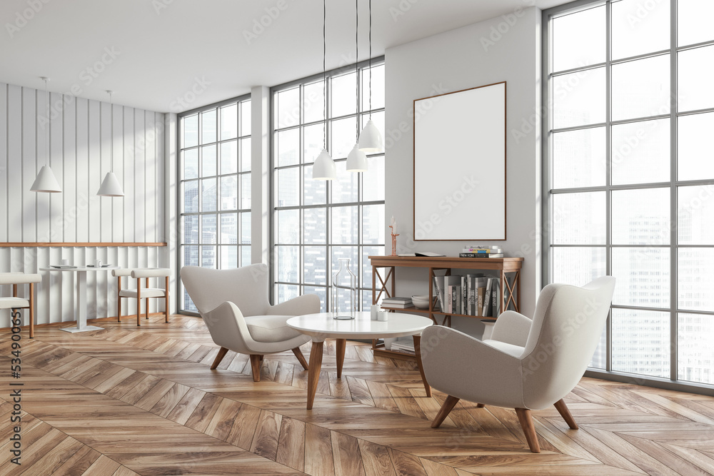 Fototapeta premium Corner view on modern bright cafe interior with white poster